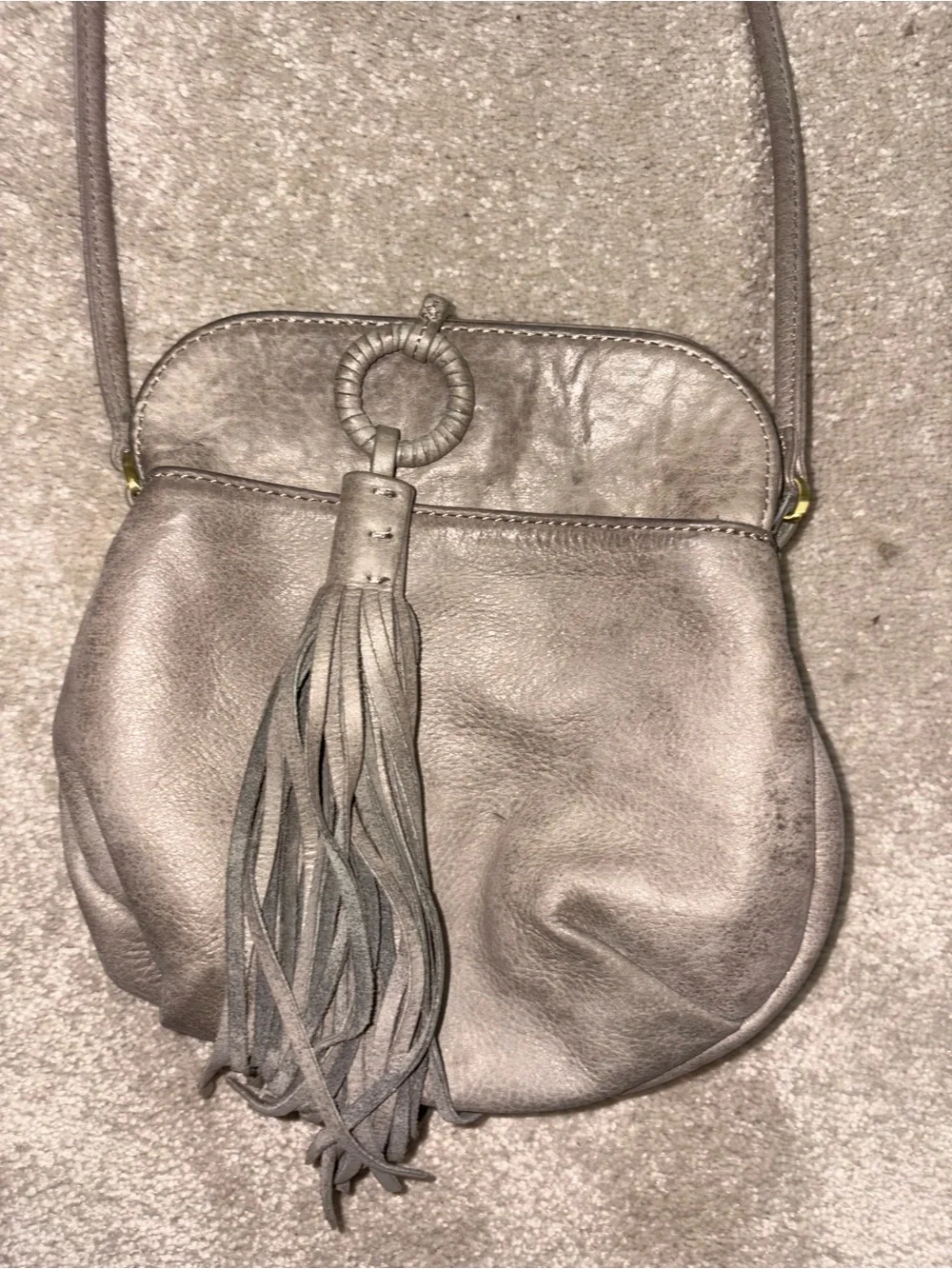 HOBO Gray-Taupe Leather Hobo Bag with Tassel Detail